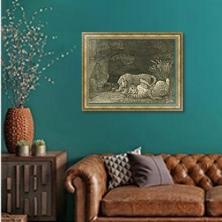 «Tygers at Play, engraved by the artist, pub. 1789» в интерьере гостиной с зеленой стеной над диваном