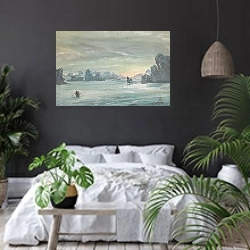 «Залив Халонг, Вьетнам» в интерьере современной спальни с черными стенами