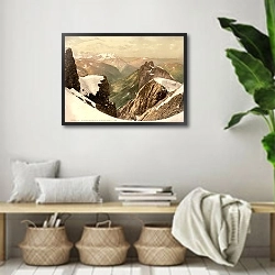 «Швейцария. Гора Титлис, вид Бернских Альп» в интерьере комнаты в стиле ретро с плетеными корзинами