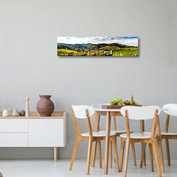 «Франция, Эльзас. Панорама с виноградниками и деревней» в интерьере современной светлой кухни-столовой