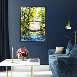 «Летний пейзаж с мостом через реку» в интерьере в классическом стиле в синих тонах