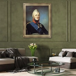 «Портрет Александра I. Начало 1800-х» в интерьере гостиной в оливковых тонах