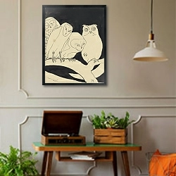 «Совы на ветке» в интерьере комнаты в стиле ретро с проигрывателем виниловых пластинок