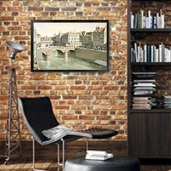 «Le Petit-Pont et la place du Petit-Pont en 1830» в интерьере кабинета в стиле лофт с кирпичными стенами