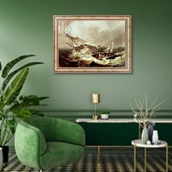 «Rowing to rescue shipwrecked sailors off the Northumberland Coast» в интерьере гостиной в зеленых тонах