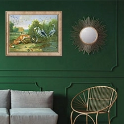 «The Heron and the Fox, 1661» в интерьере классической гостиной с зеленой стеной над диваном