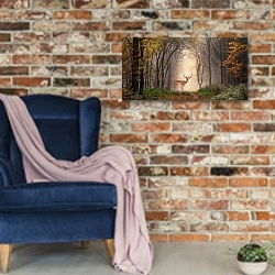 «Молодой олень на тропинке в туманном лесу» в интерьере в стиле лофт с кирпичной стеной и синим креслом