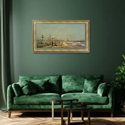 «Tulip Fields» в интерьере зеленой гостиной над диваном