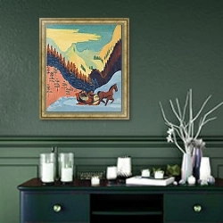 «Катание на санях по снегу» в интерьере прихожей в зеленых тонах над комодом