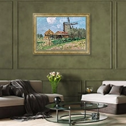 «Windmills in Belgium» в интерьере гостиной в оливковых тонах