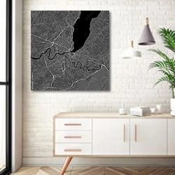 «План города Женева, Швейцария, в черном цвете» в интерьере комнаты в скандинавском стиле над тумбой