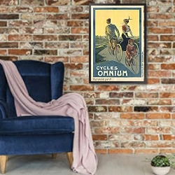 «Cycles Omnium» в интерьере в стиле лофт с кирпичной стеной и синим креслом