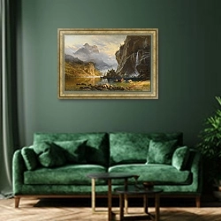 «Индейцы ловят рыбу с помощью копья» в интерьере зеленой гостиной над диваном