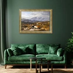 «Перехваченный рейд» в интерьере зеленой гостиной над диваном