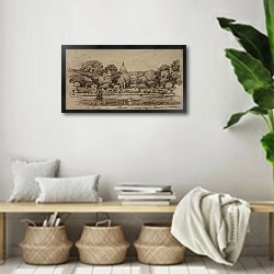 «The Jardin du Luxembourg in Paris with a view of the dome of the Pantheon» в интерьере комнаты в стиле ретро с плетеными корзинами