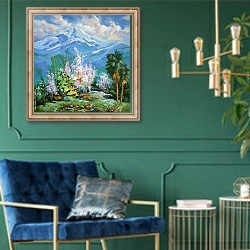 «Цветущая айва на фоне снежных вершин» в интерьере в классическом стиле с зеленой стеной