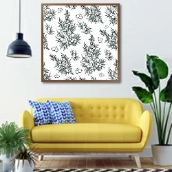 «Трава с мелкими зелеными листочками» в интерьере современной гостиной с желтым диваном