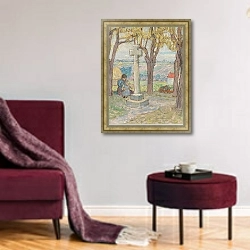 «Scènes de village» в интерьере гостиной в бордовых тонах