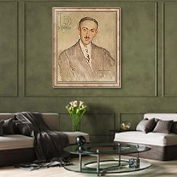 «Study for the Portrait of Andre Maurois 1924 1» в интерьере гостиной в оливковых тонах