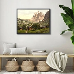 «Швейцария. Город Гриндельвальд, панорама» в интерьере комнаты в стиле ретро с плетеными корзинами