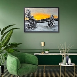 «Золотой закат над зимним лесом» в интерьере гостиной в зеленых тонах