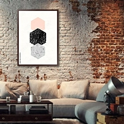«Абстрактная геометрическая композиция 12» в интерьере гостиной в стиле лофт с кирпичной стеной