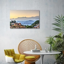 «Деревня Бандипур в Непале» в интерьере современной гостиной с желтым креслом