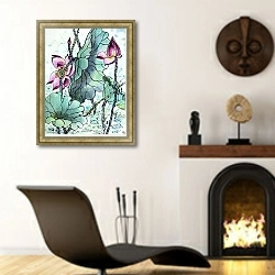 «drawing of a blossoming lotus» в интерьере гостиной в этническом стиле над камином