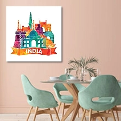 «Индия, коллаж» в интерьере современной столовой в пастельных тонах