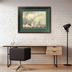 «Три корабля и лодка вправо, четвертая лодка попала в прибой скалы.» в интерьере современного кабинета с кирпичными стенами