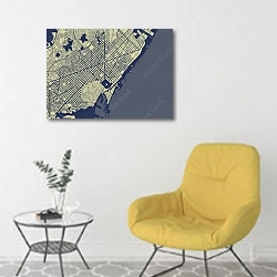«План города Барселона, Испания» в интерьере комнаты в скандинавском стиле с желтым креслом