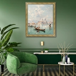 «Санта-Мария-делла-Салюте с Большого канала» в интерьере гостиной в зеленых тонах