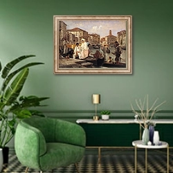 «Alighting from a Gondola in Venice» в интерьере гостиной в зеленых тонах
