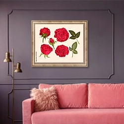 «Цветы и бутоны красной розы» в интерьере гостиной с розовым диваном