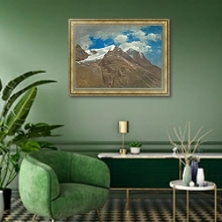 «Peaks in the Rockies» в интерьере гостиной в зеленых тонах