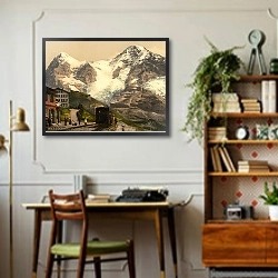 «Швейцария. Долина Венгернальп, железнодорожная станция в горах» в интерьере кабинета в стиле ретро над столом
