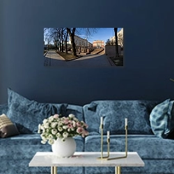«Москва. Тверская площадь» в интерьере современной гостиной в синем цвете