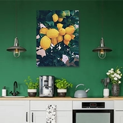 «Лимонное дерево» в интерьере кухни с зелеными стенами