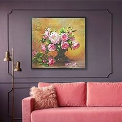 «Roses of Sweet Scent and Velvet Touch» в интерьере гостиной с розовым диваном