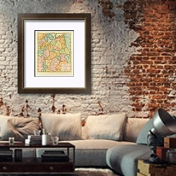 «Карта: Россия, европейская часть, 1750г.» в интерьере гостиной в стиле лофт с кирпичной стеной