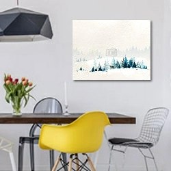 «Олень в зимнем лесу» в интерьере столовой в скандинавском стиле с яркими деталями