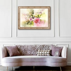 «Букет роз в стиле гранж» в интерьере гостиной в классическом стиле над диваном