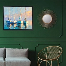 «Sunset horizon with yachts» в интерьере классической гостиной с зеленой стеной над диваном