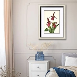 «Pink Ladyslipper. Cypripedium acaule» в интерьере спальни в стиле прованс с синими деталями