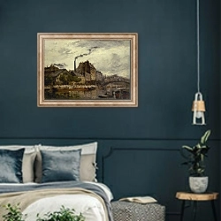 «La démolition de l’ancien pont de la Tournelle» в интерьере классической спальни с темными стенами