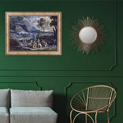«Жертвоприношение Ноя» в интерьере классической гостиной с зеленой стеной над диваном