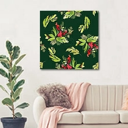 «Красные и белые пионы на темном фоне» в интерьере современной светлой гостиной над диваном