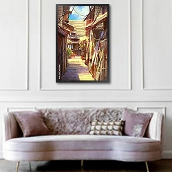«Деревянная улица» в интерьере гостиной в классическом стиле над диваном