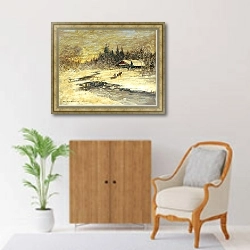 «Катание на санях по мосту в лучах заходящего солнца» в интерьере в классическом стиле над комодом