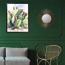 «Pink flowers of a desert dweller» в интерьере классической гостиной с зеленой стеной над диваном